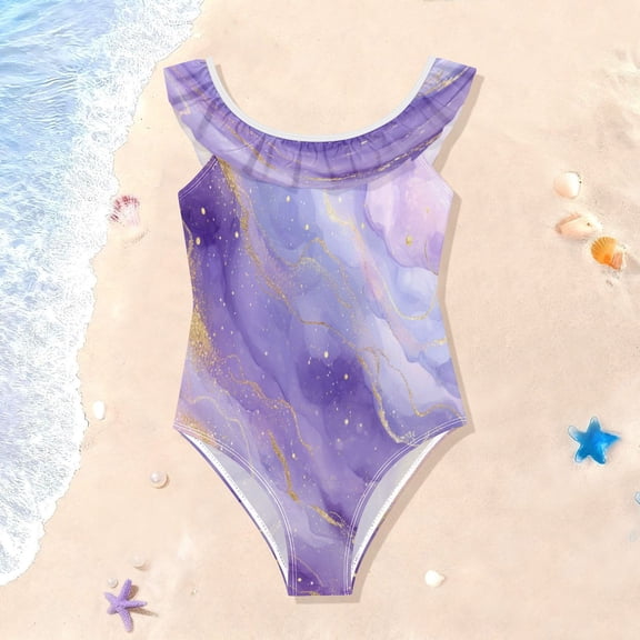 TTYFWHD Toddler Girls Ruffle One Piece Swimsuit, Stretchy Fabric for Beach & Pool Activities Soft Purple Marble Vortex