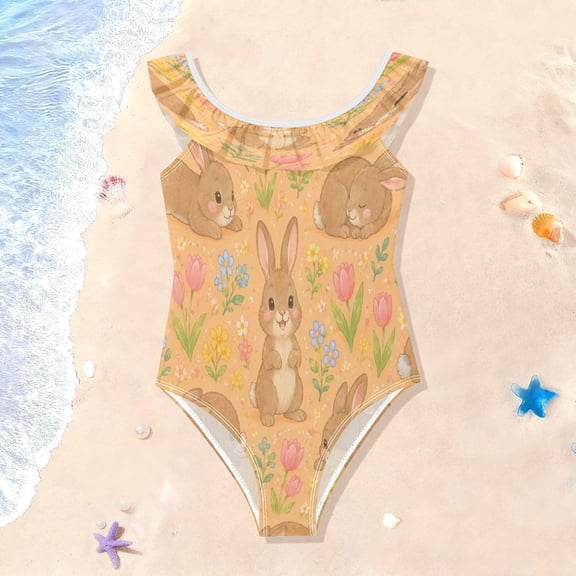 TTYFWHD Toddler Girls Ruffle One Piece Swimsuit, Stretchy Fabric for Beach & Pool Activities Spring Bunnies Floral Graphic