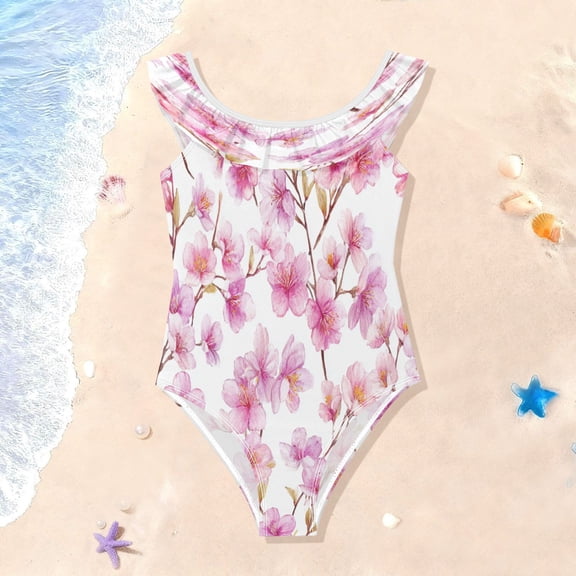 TTYFWHD Toddler Girls Ruffle One Piece Swimsuit, Stretchy Fabric for Beach & Pool Activities Spring Cherry Blossom Glow
