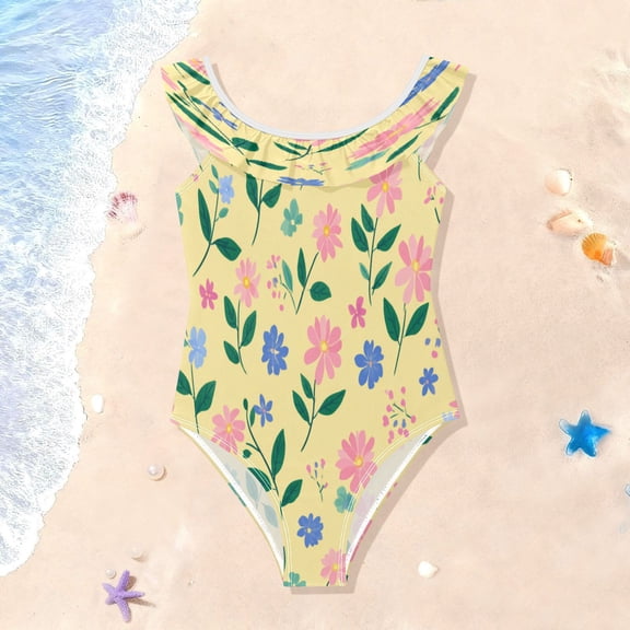 TTYFWHD Toddler Girls Ruffle One Piece Swimsuit, Stretchy Fabric for Beach & Pool Activities Spring Meadow Floral Print