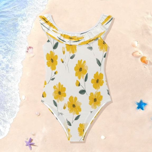TTYFWHD Toddler Girls Ruffle One Piece Swimsuit, Stretchy Fabric for Beach & Pool Activities Spring Yellow Daisy Floral
