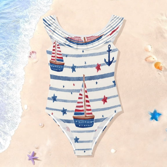 TTYFWHD Toddler Girls Ruffle One Piece Swimsuit, Stretchy Fabric for Beach & Pool Activities Striped Coastal Adventure Print