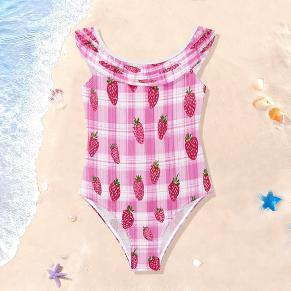 TTYFWHD Toddler Girls Ruffle One Piece Swimsuit, Stretchy Fabric for Beach & Pool Activities Summer Strawberry Gingham Pattern