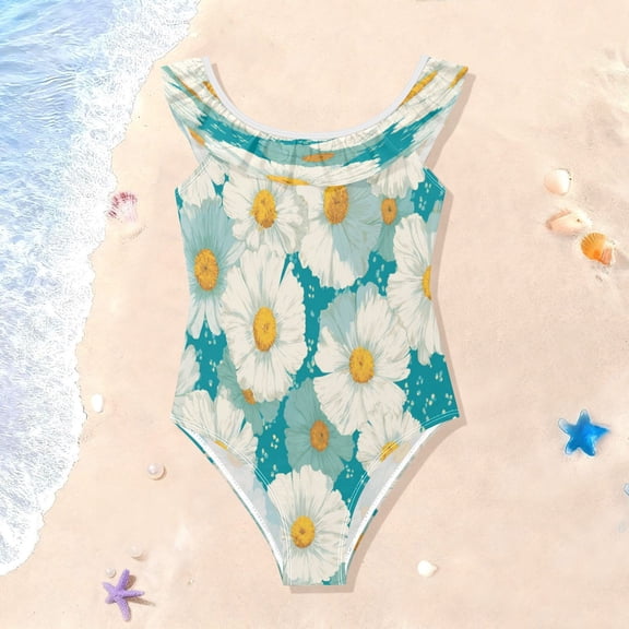 TTYFWHD Toddler Girls Ruffle One Piece Swimsuit, Stretchy Fabric for Beach & Pool Activities Summer Turquoise Flower