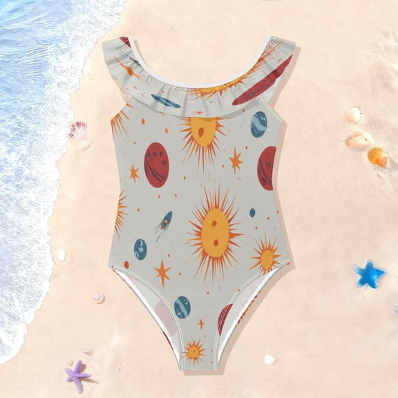 TTYFWHD Toddler Girls Ruffle One Piece Swimsuit, Stretchy Fabric for Beach & Pool Activities Sun and Rocket Pattern