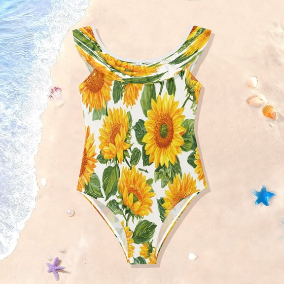TTYFWHD Toddler Girls Ruffle One Piece Swimsuit, Stretchy Fabric for Beach & Pool Activities Sunflower Cluster Print