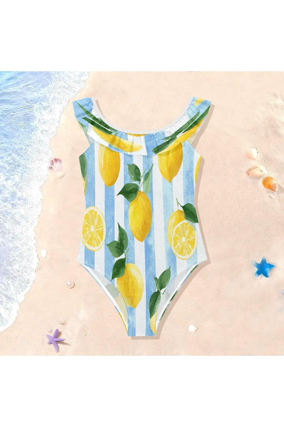 Toddler Girls Ruffle One Piece Swimsuit, Stretchy Fabric for Beach & Pool Activities Sunny Lemon Summer Stripes