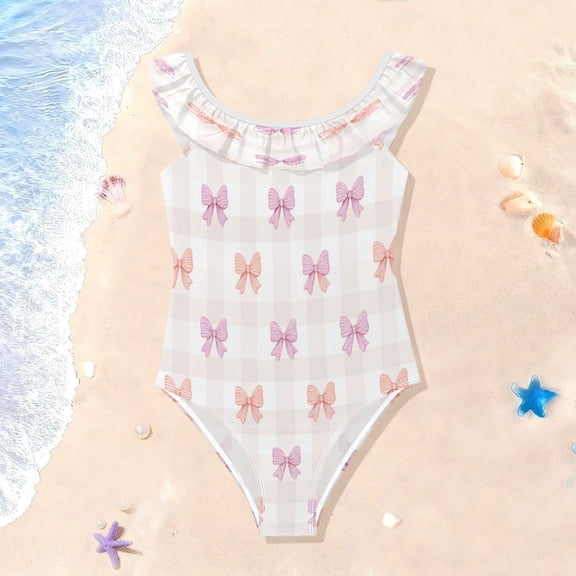 TTYFWHD Toddler Girls Ruffle One Piece Swimsuit, Stretchy Fabric for Beach & Pool Activities Sweet Pastel Bow Pattern