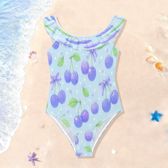 TTYFWHD Toddler Girls Ruffle One Piece Swimsuit, Stretchy Fabric for Beach & Pool Activities Sweet Purple Cherries Pattern