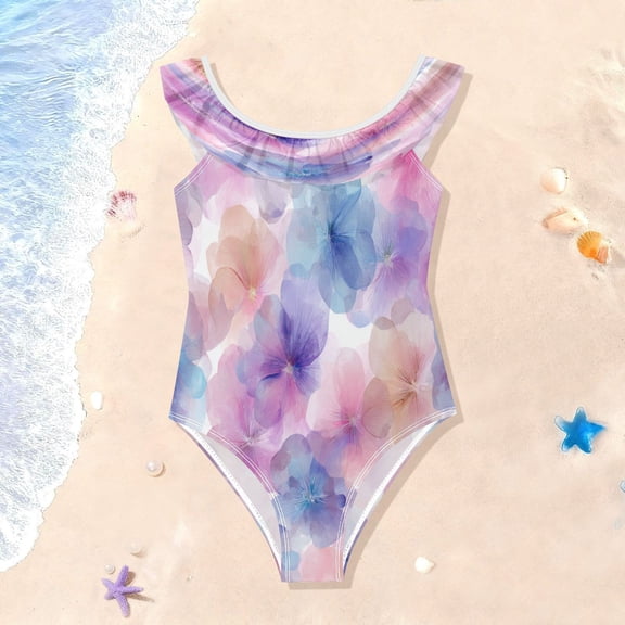 TTYFWHD Toddler Girls Ruffle One Piece Swimsuit, Stretchy Fabric for Beach & Pool Activities Translucent Bloom Print
