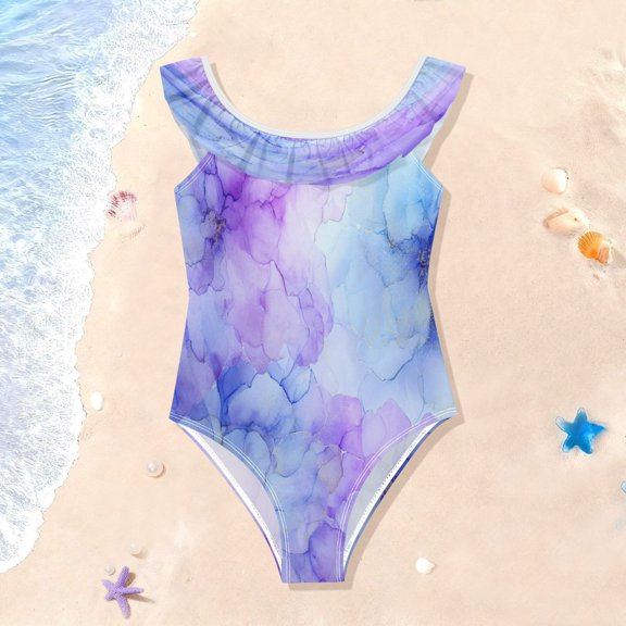 TTYFWHD Toddler Girls Ruffle One Piece Swimsuit, Stretchy Fabric for Beach & Pool Activities Translucent Floral Ink Design