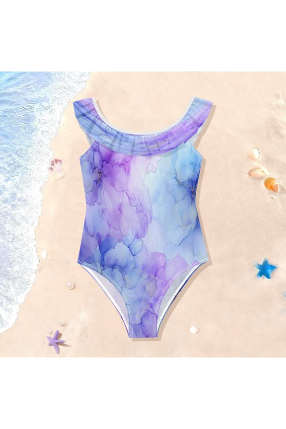 Toddler Girls Ruffle One Piece Swimsuit, Stretchy Fabric for Beach & Pool Activities Translucent Floral Ink Design