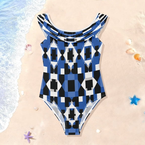 TTYFWHD Toddler Girls Ruffle One Piece Swimsuit, Stretchy Fabric for Beach & Pool Activities Tricolor Symmetrical Plaid