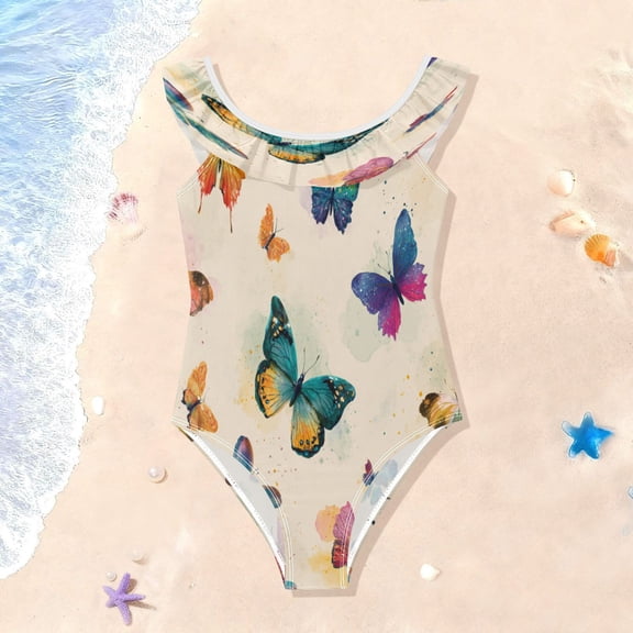 TTYFWHD Toddler Girls Ruffle One Piece Swimsuit, Stretchy Fabric for Beach & Pool Activities Vibrant Polka Dot Butterfly