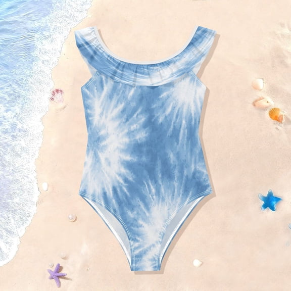 TTYFWHD Toddler Girls Ruffle One Piece Swimsuit, Stretchy Fabric for Beach & Pool Activities Warm Blue Tie-dye Pattern