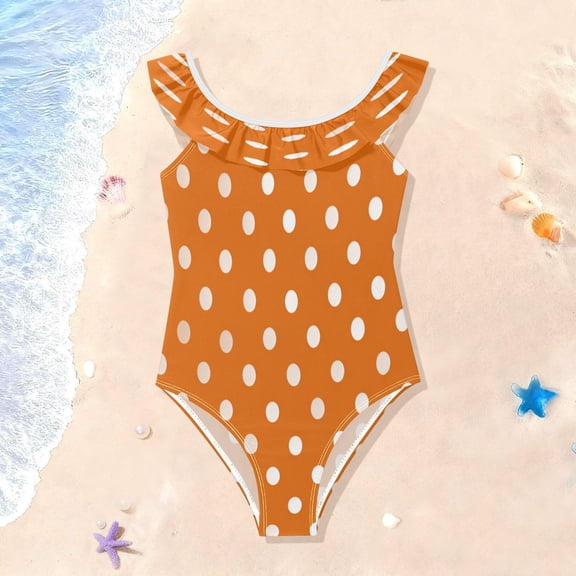 TTYFWHD Toddler Girls Ruffle One Piece Swimsuit, Stretchy Fabric for Beach & Pool Activities Warm Orange Cream Dots