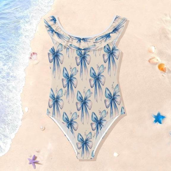 TTYFWHD Toddler Girls Ruffle One Piece Swimsuit, Stretchy Fabric for Beach & Pool Activities Watercolor Blue Bows