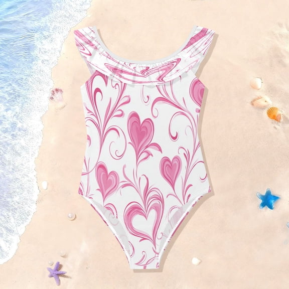 TTYFWHD Toddler Girls Ruffle One Piece Swimsuit, Stretchy Fabric for Beach & Pool Activities Whimsical Heart Tendrils