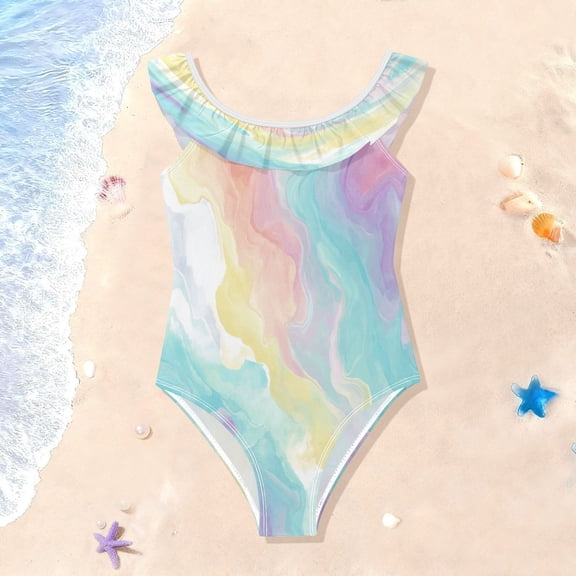 TTYFWHD Toddler Girls Ruffle One Piece Swimsuit, Stretchy Fabric for Beach & Pool Activities Whimsical Marble Pastels