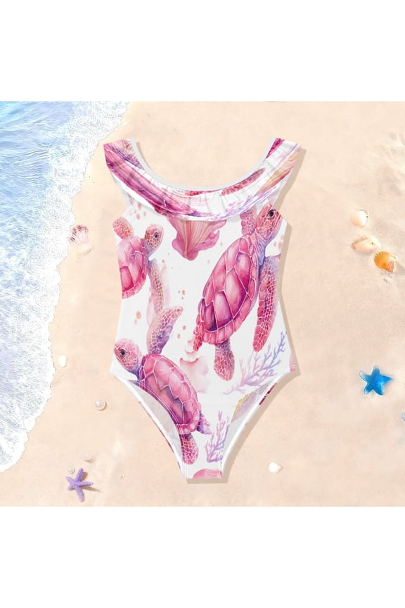 Toddler Girls Ruffle One Piece Swimsuit, Stretchy Fabric for Beach & Pool Activities Whimsical Pink Sea Turtles