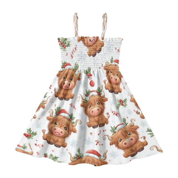 TTYFWHD Toddler Girls Spaghetti Strap Sundress, 100% Polyester Summer Casual Dress with Elastic Smocked Top, Soft Breathable Beach Dress for Girls 2T-8T Adorable Yaks at Christmas