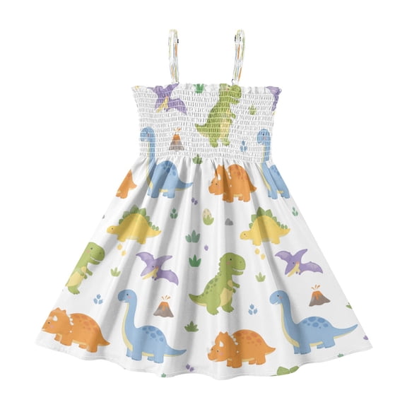 TTYFWHD Toddler Girls Spaghetti Strap Sundress, 100% Polyester Summer Casual Dress with Elastic Smocked Top, Soft Breathable Beach Dress for Girls 2T-8T Adorable Dinosaur Nursery