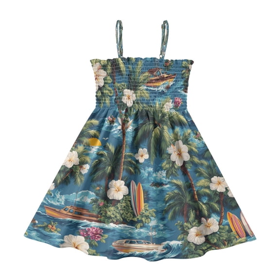 TTYFWHD Toddler Girls Spaghetti Strap Sundress, 100% Polyester Summer Casual Dress with Elastic Smocked Top, Soft Breathable Beach Dress for Girls 2T-8T Beautiful Hawaiian
