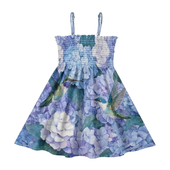 TTYFWHD Toddler Girls Spaghetti Strap Sundress, 100% Polyester Summer Casual Dress with Elastic Smocked Top, Soft Breathable Beach Dress for Girls 2T-8T Beautiful Blue Hydrangeas