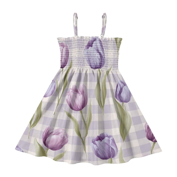 TTYFWHD Toddler Girls Spaghetti Strap Sundress, 100% Polyester Summer Casual Dress with Elastic Smocked Top, Soft Breathable Beach Dress for Girls 2T-8T Beautiful Pinkish-purple Tulips