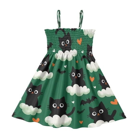 TTYFWHD Toddler Girls Spaghetti Strap Sundress, 100% Polyester Summer Casual Dress with Elastic Smocked Top, Soft Breathable Beach Dress for Girls 2T-8T Black Cats and Bats