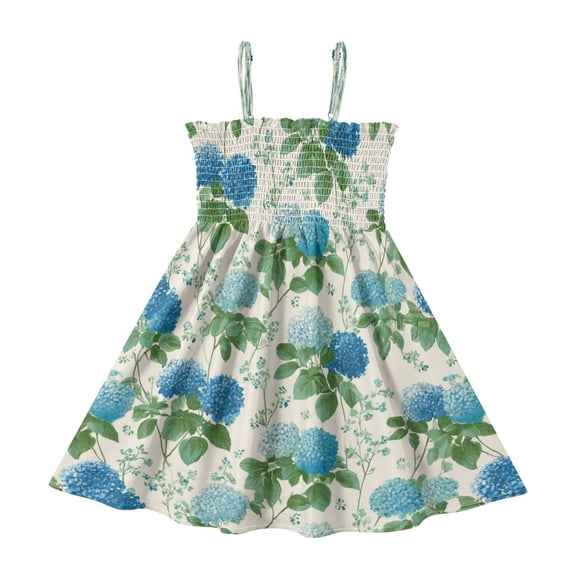 TTYFWHD Toddler Girls Spaghetti Strap Sundress, 100% Polyester Summer Casual Dress with Elastic Smocked Top, Soft Breathable Beach Dress for Girls 2T-8T Blue Hydrangea Pattern