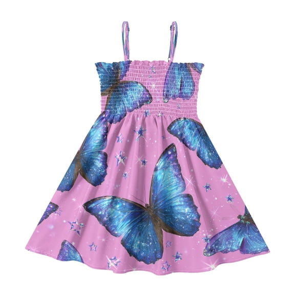 TTYFWHD Toddler Girls Spaghetti Strap Sundress, 100% Polyester Summer Casual Dress with Elastic Smocked Top, Soft Breathable Beach Dress for Girls 2T-8T Blue Morpho Butterflies
