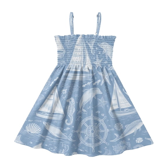 TTYFWHD Toddler Girls Spaghetti Strap Sundress, 100% Polyester Summer Casual Dress with Elastic Smocked Top, Soft Breathable Beach Dress for Girls 2T-8T Blue Nautical Style Pattern