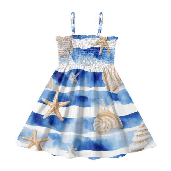 TTYFWHD Toddler Girls Spaghetti Strap Sundress, 100% Polyester Summer Casual Dress with Elastic Smocked Top, Soft Breathable Beach Dress for Girls 2T-8T Blue Nautical Stripes Pattern