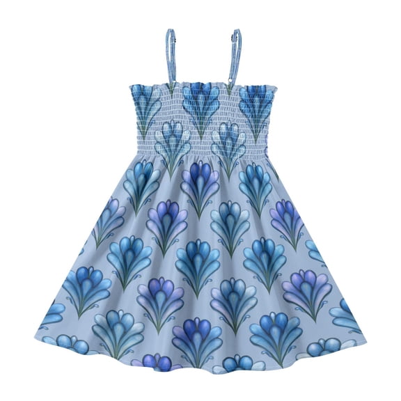 TTYFWHD Toddler Girls Spaghetti Strap Sundress, 100% Polyester Summer Casual Dress with Elastic Smocked Top, Soft Breathable Beach Dress for Girls 2T-8T Blue Stamen Pattern