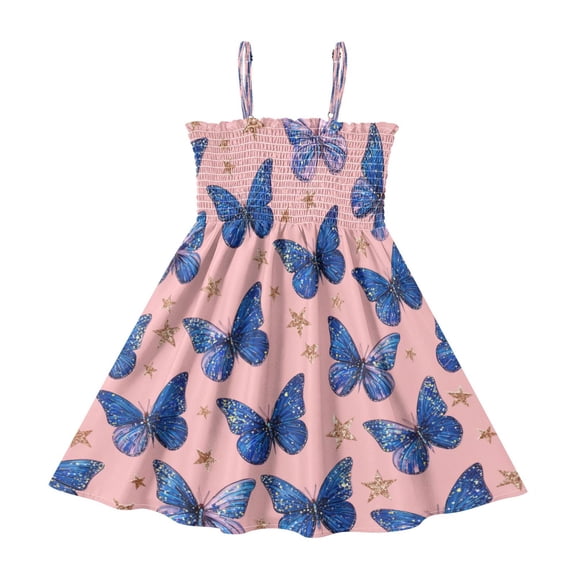 TTYFWHD Toddler Girls Spaghetti Strap Sundress, 100% Polyester Summer Casual Dress with Elastic Smocked Top, Soft Breathable Beach Dress for Girls 2T-8T Blue-purple Swallowtail Butterfly