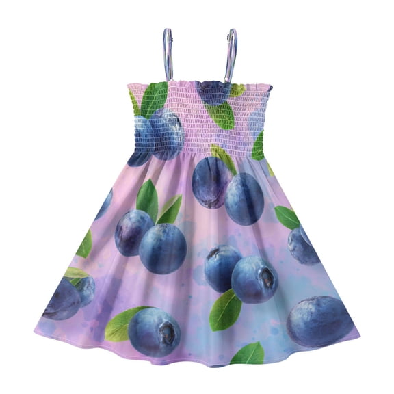 TTYFWHD Toddler Girls Spaghetti Strap Sundress, 100% Polyester Summer Casual Dress with Elastic Smocked Top, Soft Breathable Beach Dress for Girls 2T-8T Blueberries Pattern
