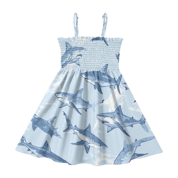 TTYFWHD Toddler Girls Spaghetti Strap Sundress, 100% Polyester Summer Casual Dress with Elastic Smocked Top, Soft Breathable Beach Dress for Girls 2T-8T Bluewavesharks