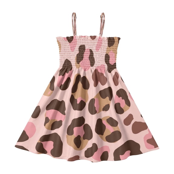 TTYFWHD Toddler Girls Spaghetti Strap Sundress, 100% Polyester Summer Casual Dress with Elastic Smocked Top, Soft Breathable Beach Dress for Girls 2T-8T Blush Pink Brown Cheetah Print
