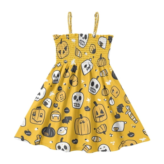 TTYFWHD Toddler Girls Spaghetti Strap Sundress, 100% Polyester Summer Casual Dress with Elastic Smocked Top, Soft Breathable Beach Dress for Girls 2T-8T Cartoon Halloween Pattern Skulls