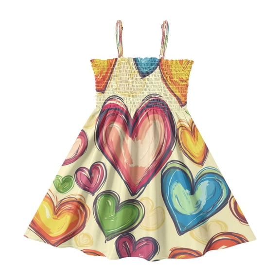TTYFWHD Toddler Girls Spaghetti Strap Sundress, 100% Polyester Summer Casual Dress with Elastic Smocked Top, Soft Breathable Beach Dress for Girls 2T-8T Colorful Hearts Pattern
