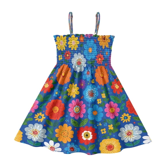 TTYFWHD Toddler Girls Spaghetti Strap Sundress, 100% Polyester Summer Casual Dress with Elastic Smocked Top, Soft Breathable Beach Dress for Girls 2T-8T Colorful Little Flowers