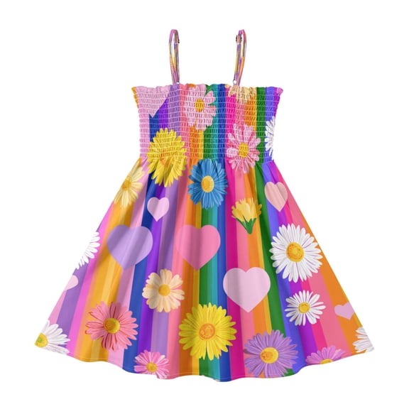 TTYFWHD Toddler Girls Spaghetti Strap Sundress, 100% Polyester Summer Casual Dress with Elastic Smocked Top, Soft Breathable Beach Dress for Girls 2T-8T Colorful Daisies