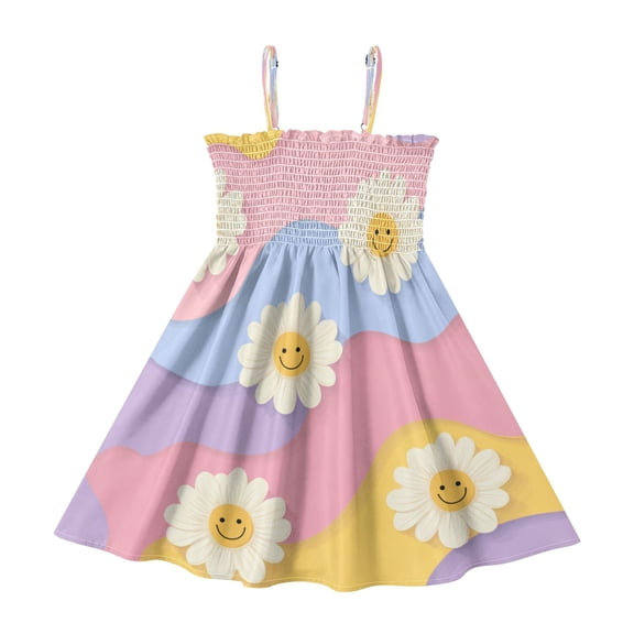 TTYFWHD Toddler Girls Spaghetti Strap Sundress, 100% Polyester Summer Casual Dress with Elastic Smocked Top, Soft Breathable Beach Dress for Girls 2T-8T Cute Adorable Smiling Daisies