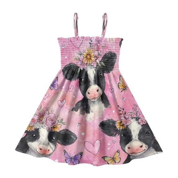 TTYFWHD Toddler Girls Spaghetti Strap Sundress, 100% Polyester Summer Casual Dress with Elastic Smocked Top, Soft Breathable Beach Dress for Girls 2T-8T Cute Baby Cows with Flowers