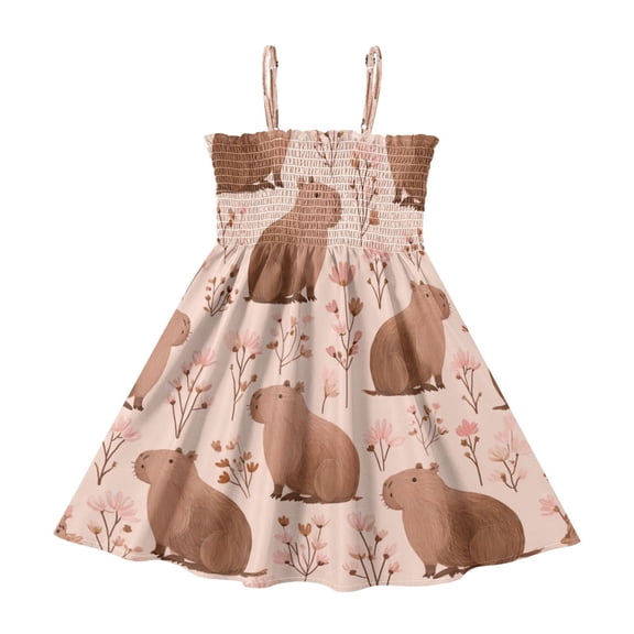 TTYFWHD Toddler Girls Spaghetti Strap Sundress, 100% Polyester Summer Casual Dress with Elastic Smocked Top, Soft Breathable Beach Dress for Girls 2T-8T Cute Brown Capybara Pattern