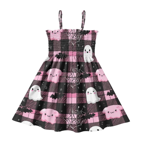 TTYFWHD Toddler Girls Spaghetti Strap Sundress, 100% Polyester Summer Casual Dress with Elastic Smocked Top, Soft Breathable Beach Dress for Girls 2T-8T Cute Halloween Ghosts