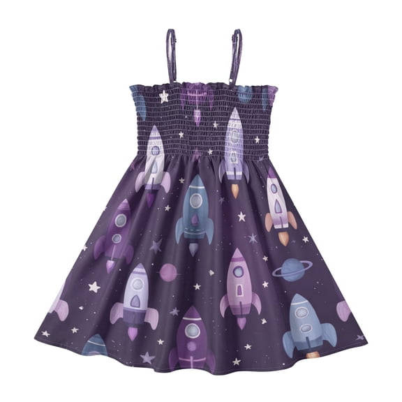 TTYFWHD Toddler Girls Spaghetti Strap Sundress, 100% Polyester Summer Casual Dress with Elastic Smocked Top, Soft Breathable Beach Dress for Girls 2T-8T Cute Space Rocket Pattern