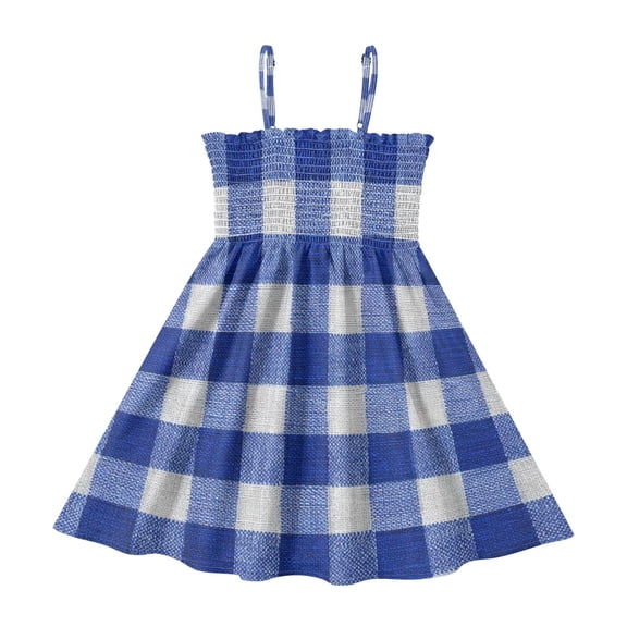 TTYFWHD Toddler Girls Spaghetti Strap Sundress, 100% Polyester Summer Casual Dress with Elastic Smocked Top, Soft Breathable Beach Dress for Girls 2T-8T Deep Blue Checkered
