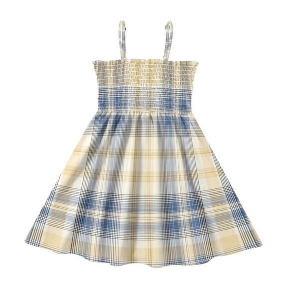 TTYFWHD Toddler Girls Spaghetti Strap Sundress, 100% Polyester Summer Casual Dress with Elastic Smocked Top, Soft Breathable Beach Dress for Girls 2T-8T Deep Blue and Yellow Tartan